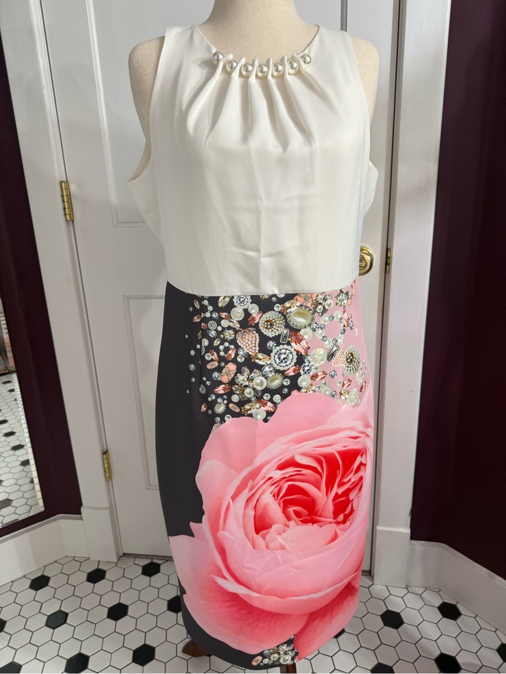 Ted Baker London Ivory Top with Pink Rose-Print Midi Dress